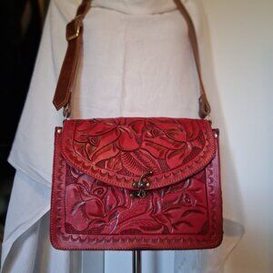 Mexican hand tooled Crossbody. leather purse. Dark red.